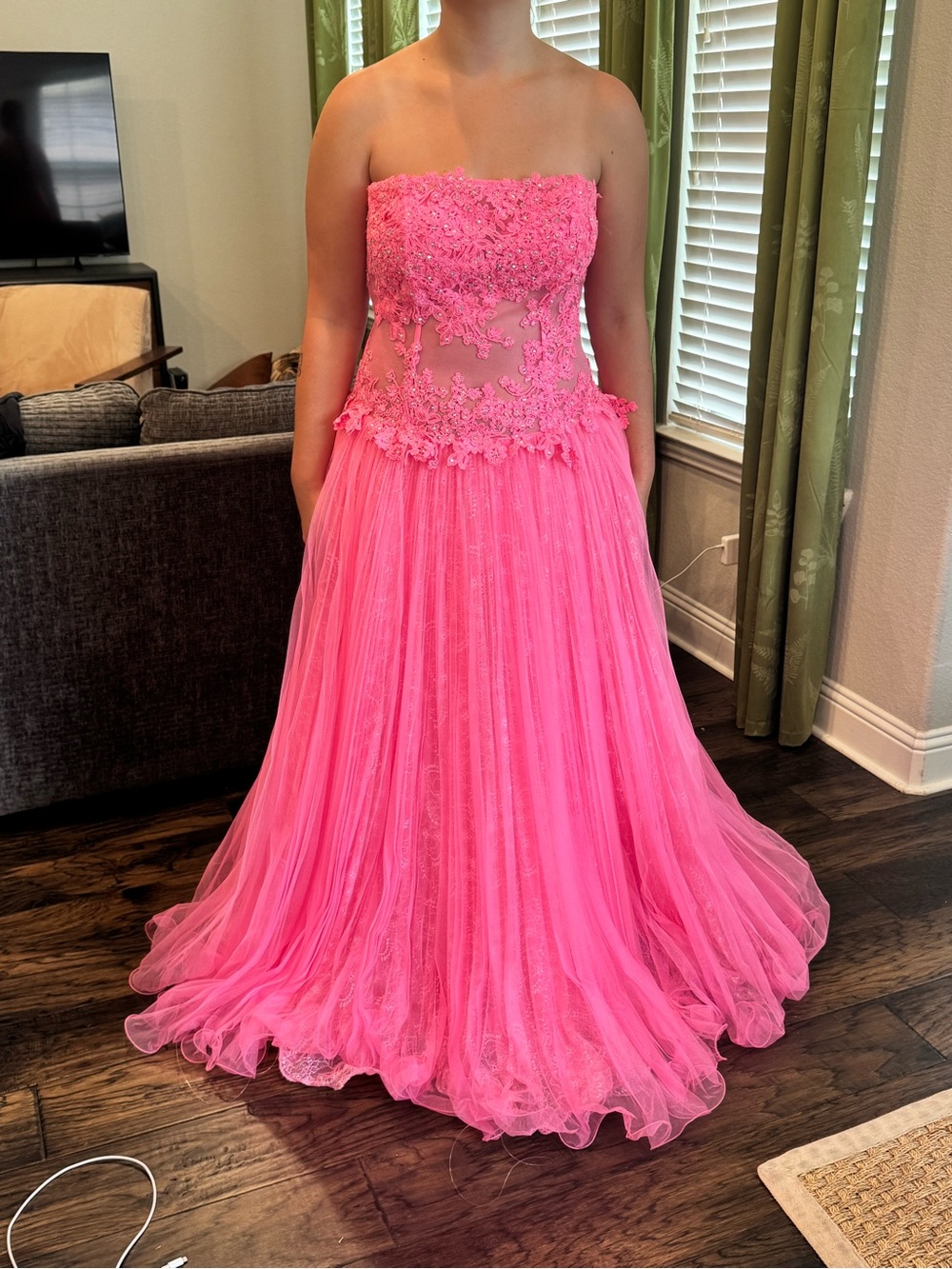 Sherri Hill Hot Pink Strapless Lace Appliqué Prom Gown